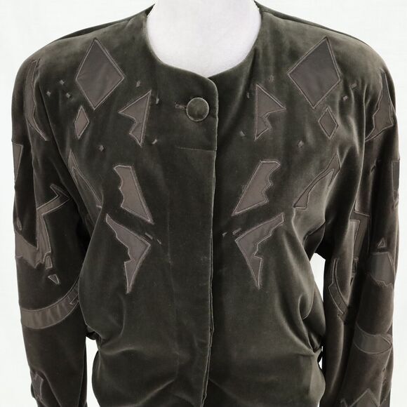 Laurel Escada Jacket Womens 6 Green Velour Lined Applique Shoulder Pads Vintage - Picture 7 of 16